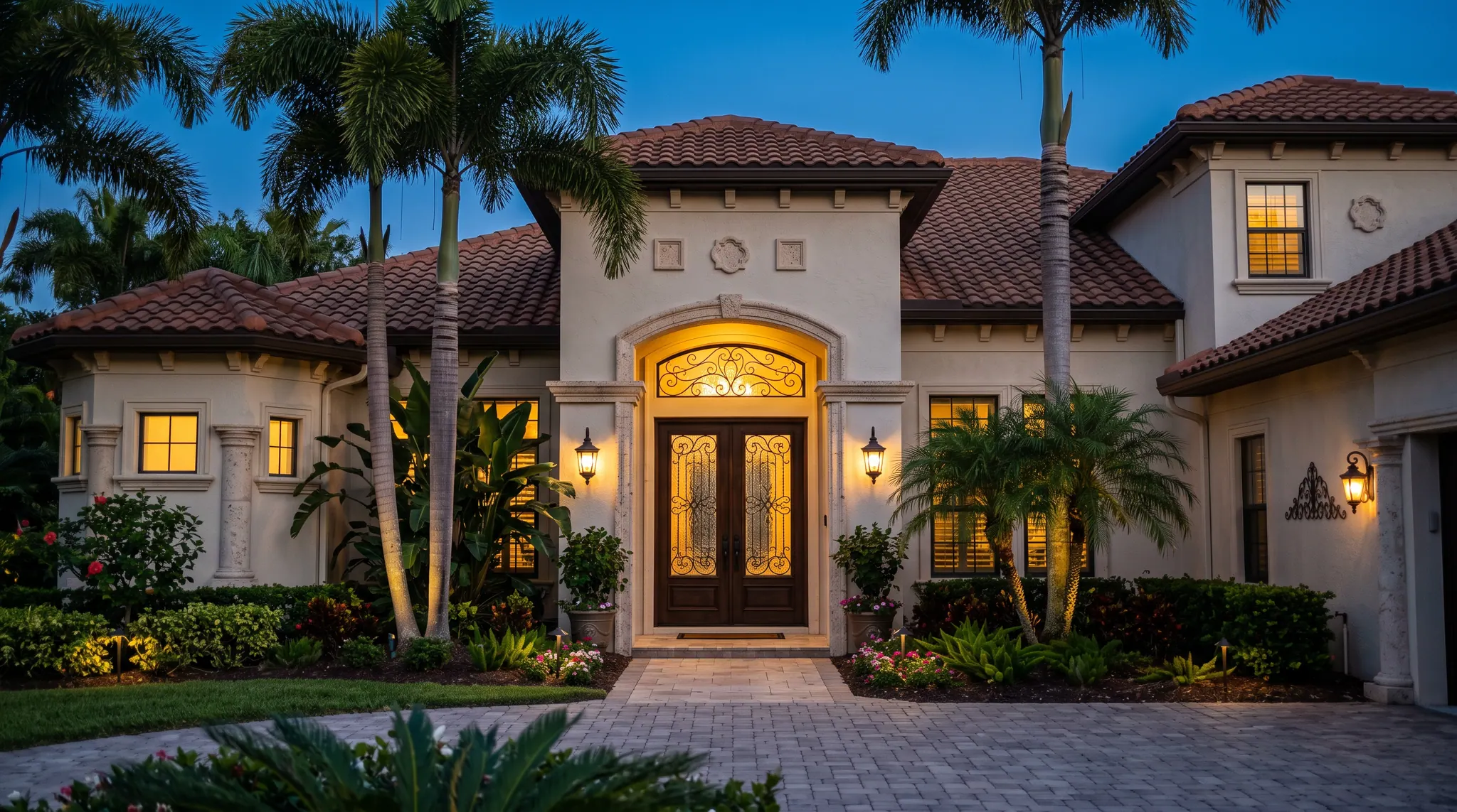 Florida home at dusk with a grand double front door featuring decorative wrought iron and beveled glass inserts